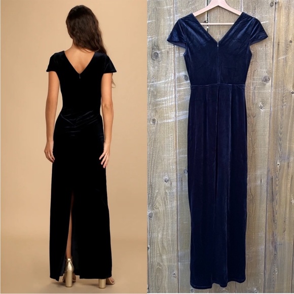 Navy Blue Velvet Deep V-Neck Cap-sleeve Maxi Dress 🌿 - Picture 3 of 12